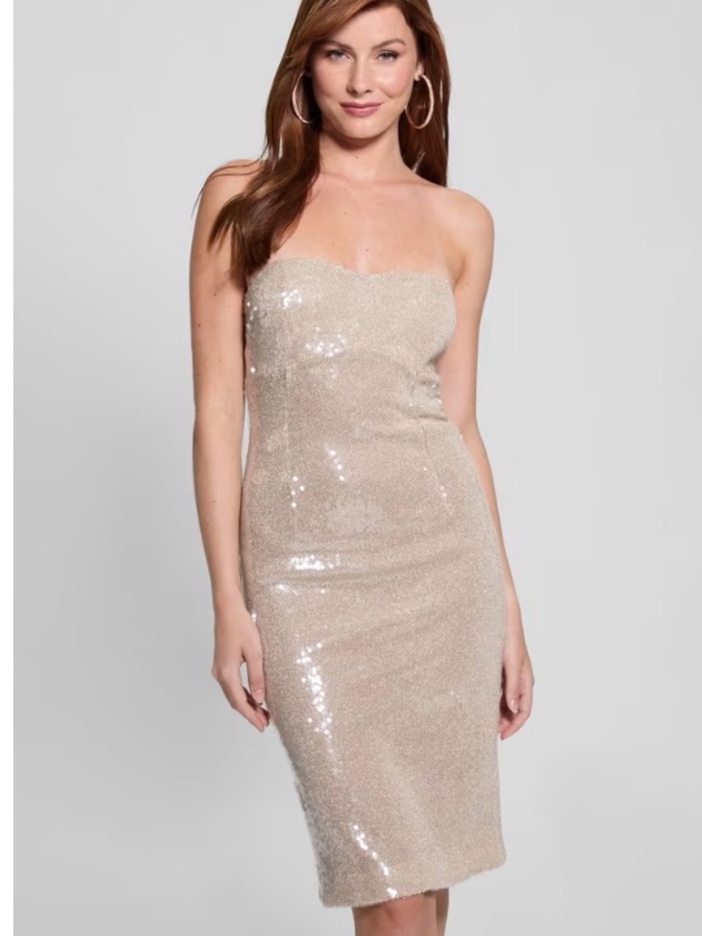 Guess Strapless Sequin Sheath Dress in Champagne Beige